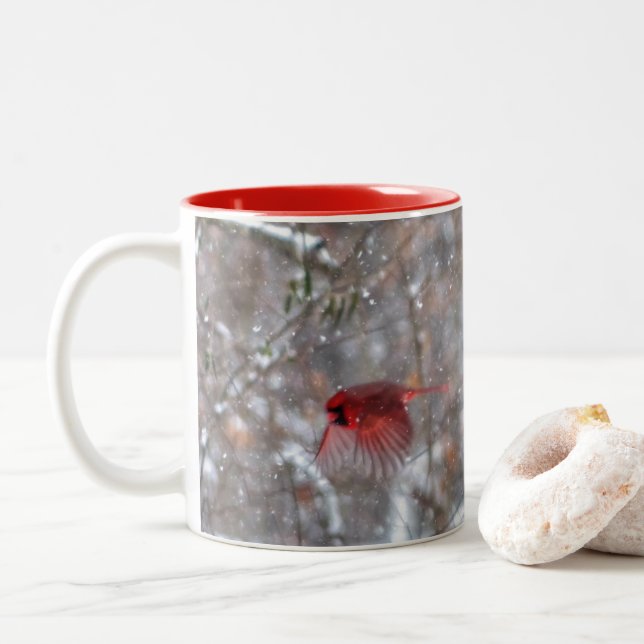 Cardinals in the Snow Two-Tone Coffee Mug (With Donut)