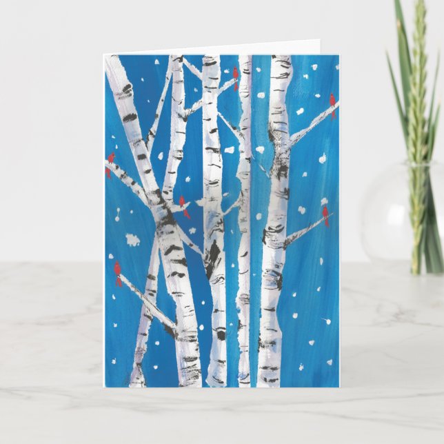 Cardinals in Winter Birch Trees Card (Front)