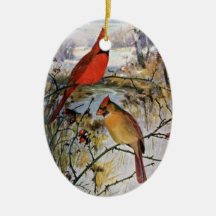 Cardinals in Winter Ceramic Ornament
