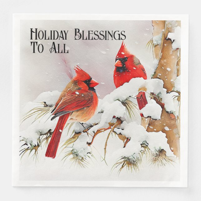 Cardinals in Winter Snow and Evergreen Tree Scene Napkin (Front)