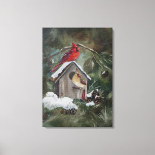 Cardinals on Snowy Birdhouse Canvas Print