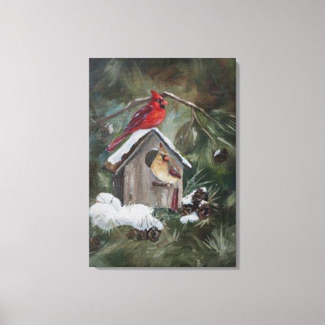 Cardinals on Snowy Birdhouse Canvas Print (Front)