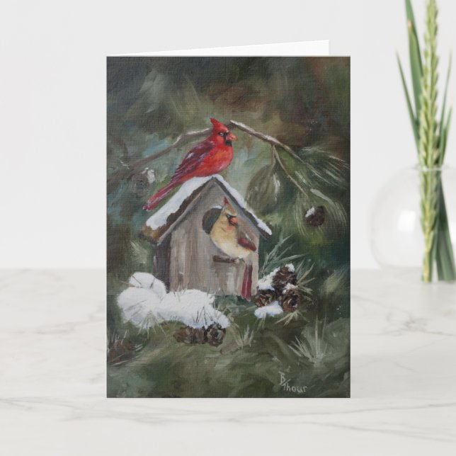 Cardinals on Snowy Birdhouse Holiday Card (Front)