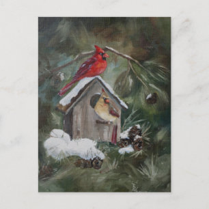 Cardinals On Snowy Birdhouse Postcard