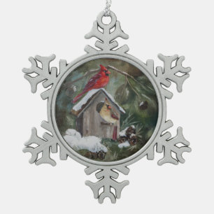Cardinals on Snowy Birdhouse Snowflake Pewter Christmas Ornament