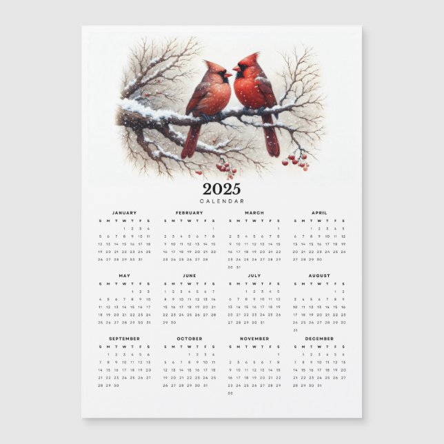 Cardinals on Snowy Branch 2025 Magnetic Calendar (Front)