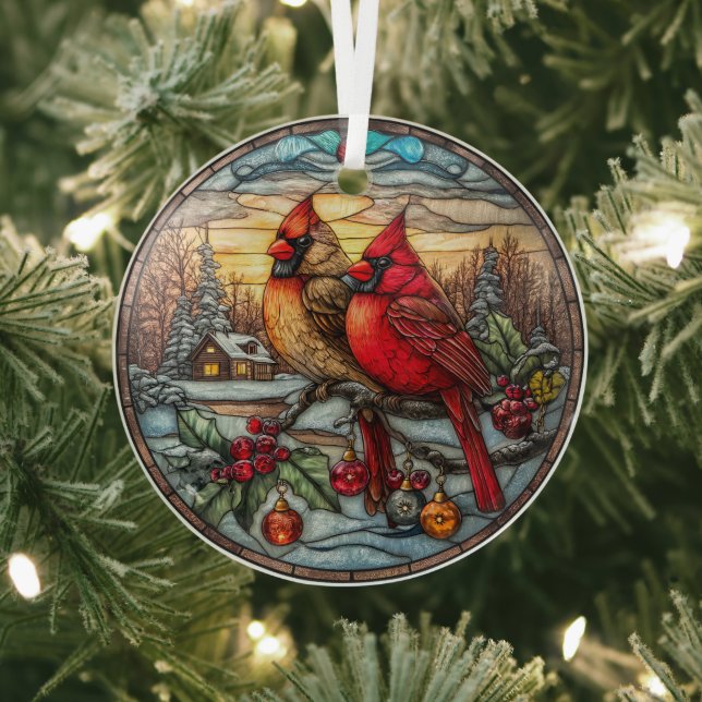 Cardinals on Snowy Branch with Holly Glass Ornament (Insitu)
