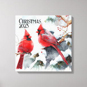 Cardinals on Snowy Tree a Customizable Christmas Canvas Print