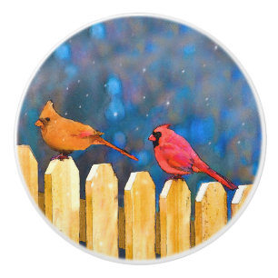 Cardinals on the Fence Painting - Original Art Ceramic Knob