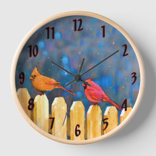 Cardinals on the Fence Painting - Original Art Clock