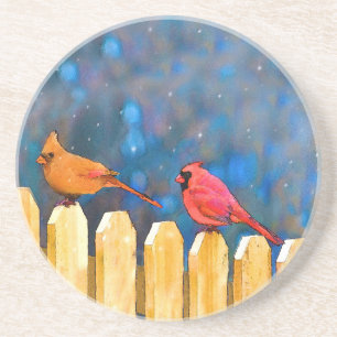 Cardinals on the Fence Painting - Original Art Coaster