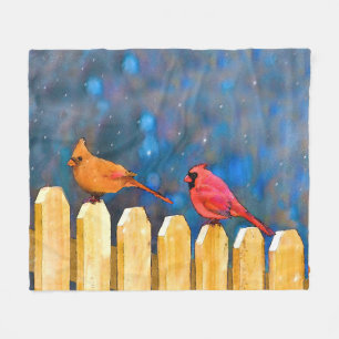 Cardinals on the Fence Painting - Original Art Fleece Blanket