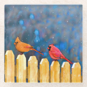 Cardinals on the Fence Painting - Original Art Glass Coaster
