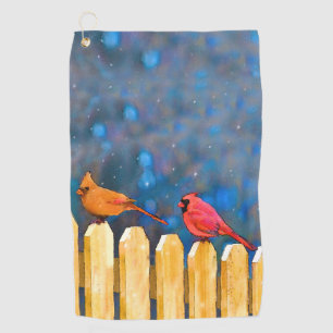 Cardinals on the Fence Painting - Original Art Golf Towel