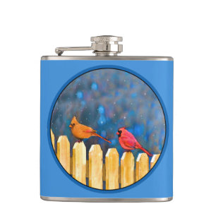 Cardinals on the Fence Painting - Original Art Hip Flask