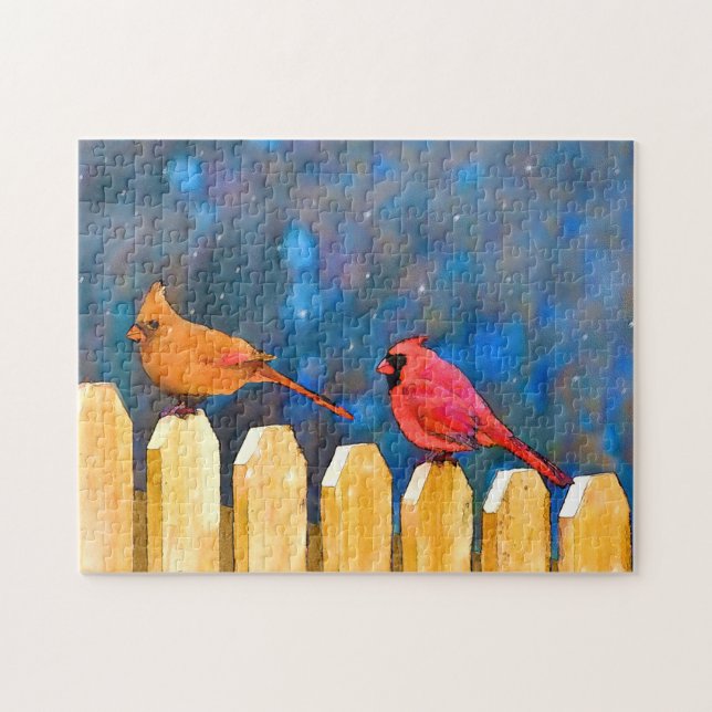 Cardinals on the Fence Painting - Original Art Jigsaw Puzzle (Horizontal)