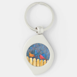 Cardinals on the Fence Painting - Original Art Keychain
