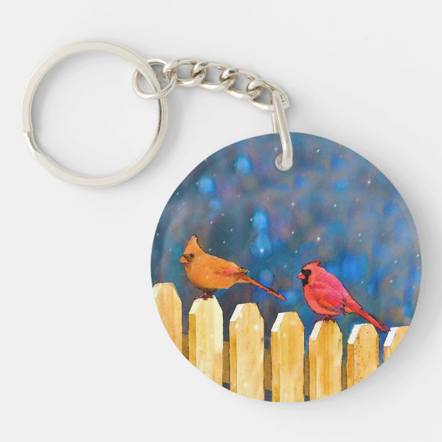 Cardinals on the Fence Painting - Original Art Keychain (Front)