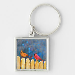 Cardinals on the Fence Painting - Original Art Keychain