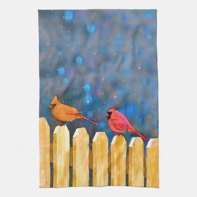 Cardinals on the Fence Painting - Original Art Kitchen Towel (Vertical)