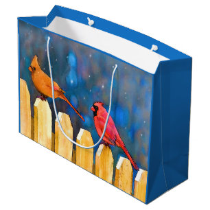 Cardinals on the Fence Painting - Original Art Large Gift Bag