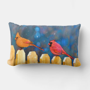 Cardinals on the Fence Painting - Original Art Lumbar Pillow