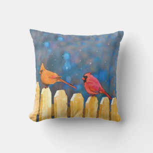 Cardinals on the Fence Painting - Original Art Outdoor Pillow