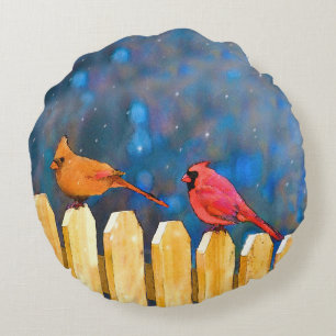 Cardinals on the Fence Painting - Original Art Round Pillow