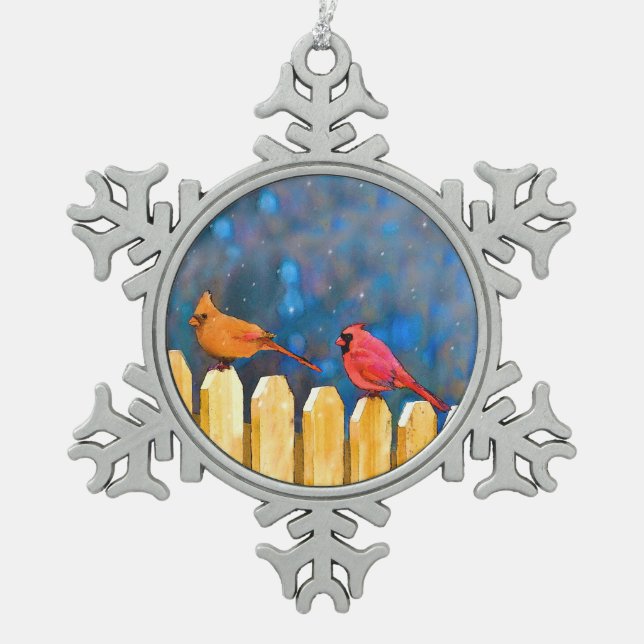 Cardinals on the Fence Painting - Original Art Snowflake Pewter Christmas Ornament (Front)
