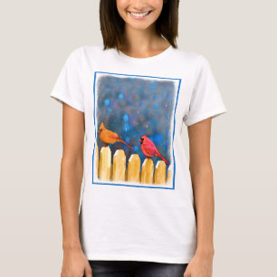 Cardinals on the Fence Painting - Original Art T-Shirt
