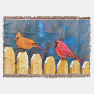 Cardinals on the Fence Painting - Original Art Throw Blanket