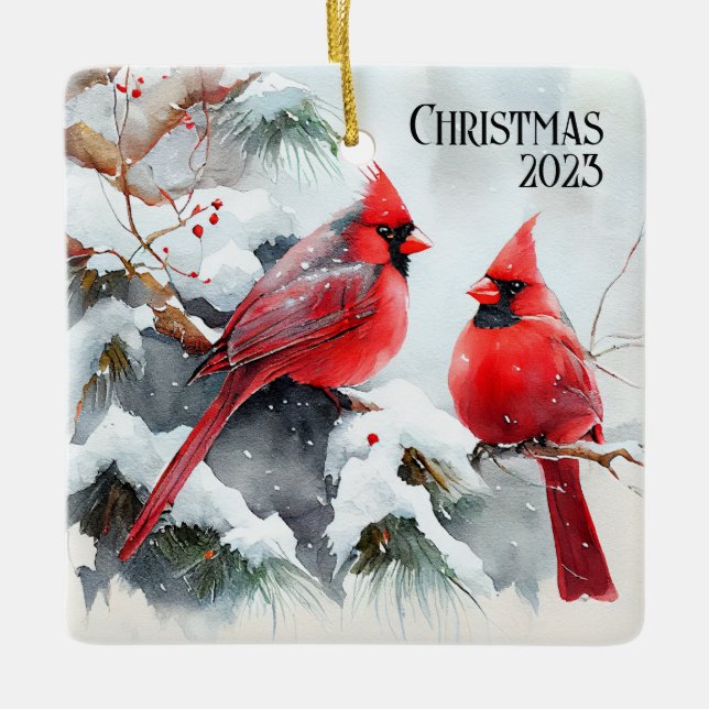Cardinals on Tree Branch a Customizable Christmas Ceramic Ornament (Front)