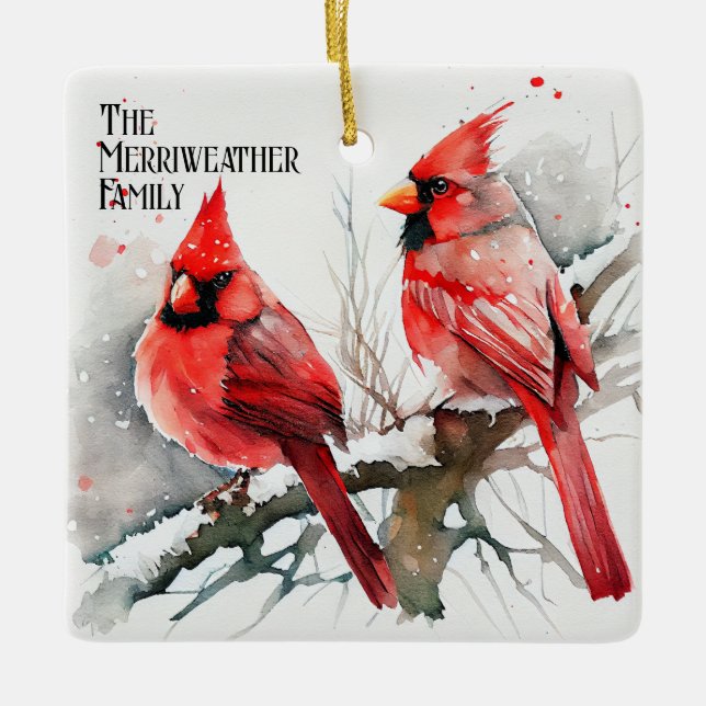 Cardinals on Tree Branch a Customizable Christmas Ceramic Ornament (Front)