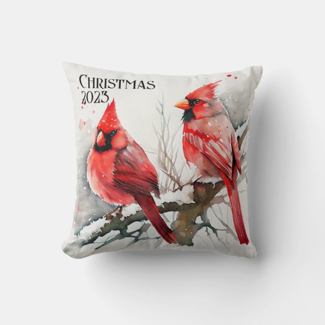 Cardinals on Tree Branch a Customizable Christmas Throw Pillow (Front)