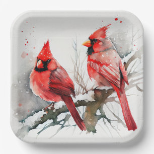 Cardinals on Tree Branch in Christmas Winter Scene Paper Plate