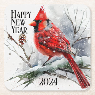 Cardinals on Tree Branch in Winter Scene New Year Square Paper Coaster