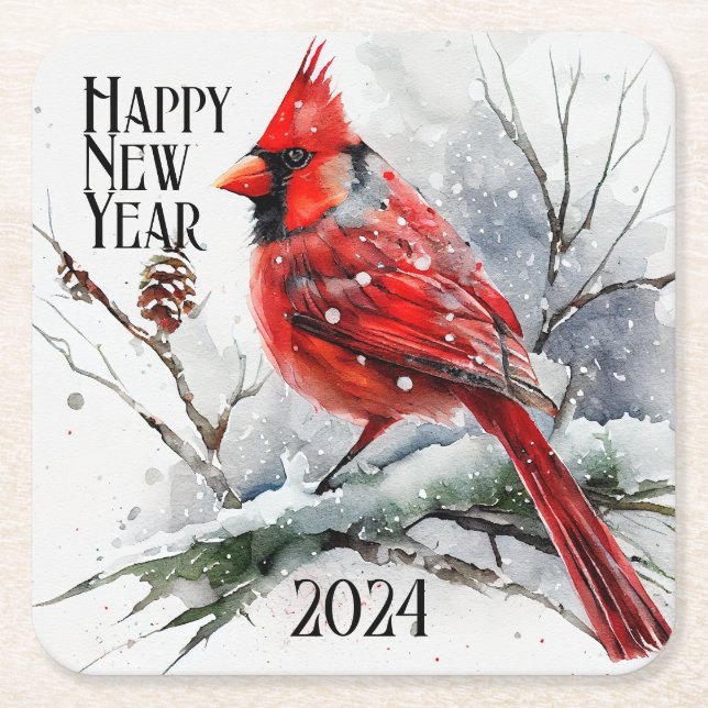 Cardinals on Tree Branch in Winter Scene New Year Square Paper Coaster (Front)