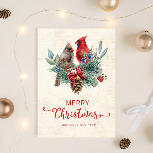 Cardinals Pinecone Jingle Bells Christmas New Year Holiday Card