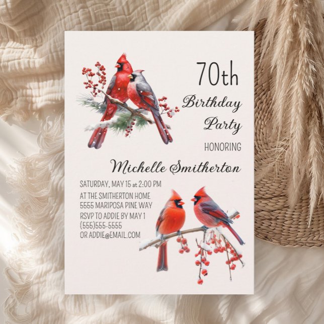 Cardinals Snow Winter Birds 70th Birthday Invitation (Red cardinals 70th birthday party invitation)