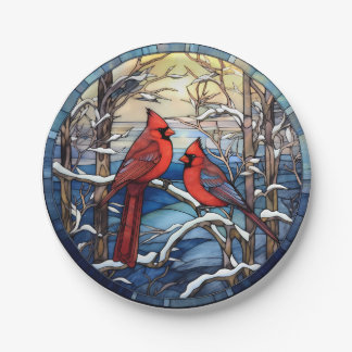Cardinals Stained Glass Christmas Holiday Plates
