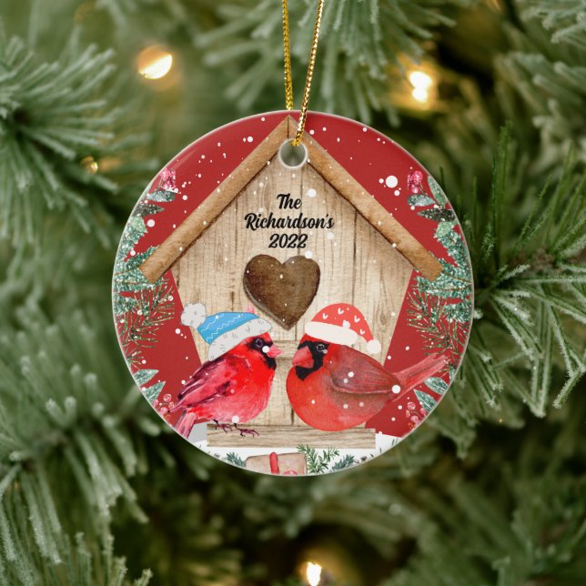 Cardinals Trehouse Ornement céramique personnalisé (Arbre)