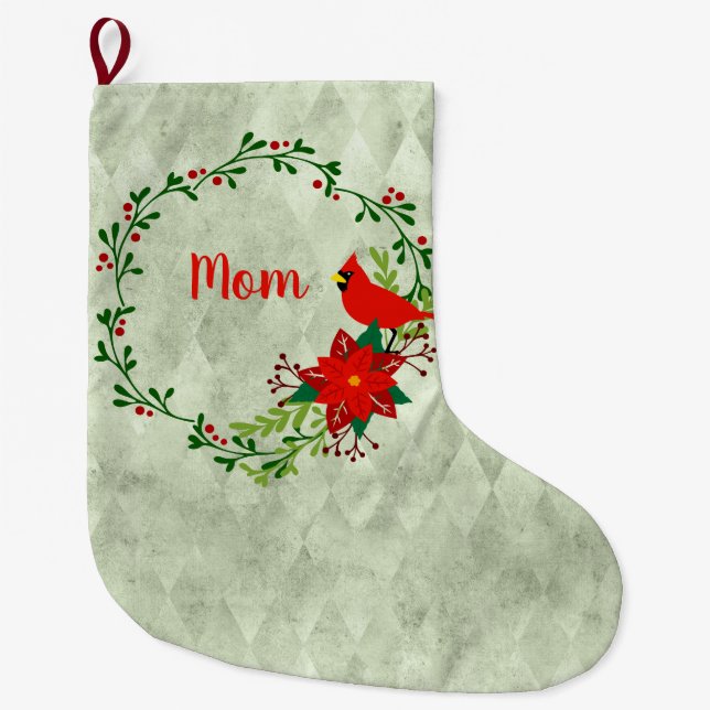Cardinals Wreath Personalized Large Christmas Stocking (Front)