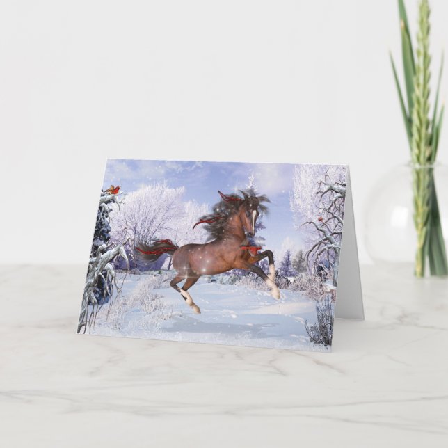 Cardinaux et Cheval de Noël Carte de voeux pliée (Devant)