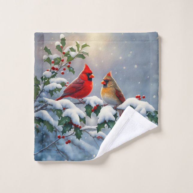 Cardinaux rouges et Holly en neige (Gant de toilette)