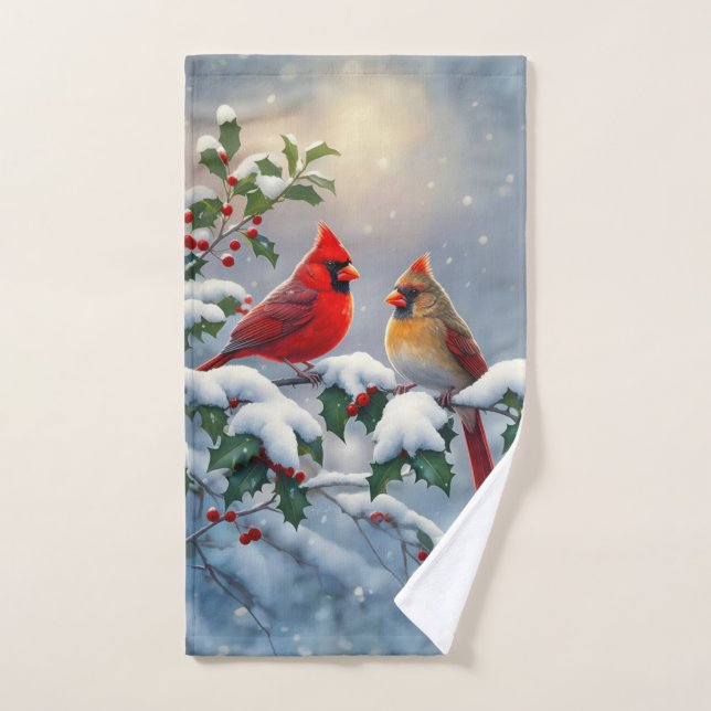 Cardinaux rouges et Holly en neige (Serviette à main)