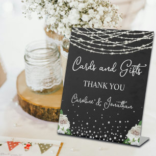 Cards and Gifts Black Sign Strings Lights