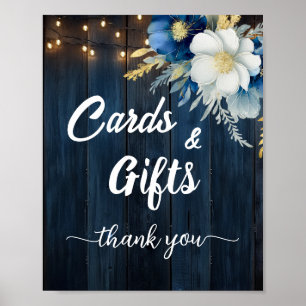 Cards and Gifts Blue Wood String Lights Floral Poster