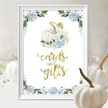 Cards and Gifts Greenery Fall Baby Shower Sign<br><div class="desc">Lovely blue floral watercolor, faux foil calligraphy, pumpkin fall-themed baby shower cards, and gifts sign. Easy to personalize with your details. Please get in touch with me via chat if you have questions about the artwork or need customization. PLEASE NOTE: For assistance on orders, shipping, product information, etc., contact Zazzle...</div>