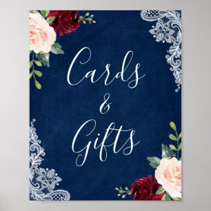 Cards and Gifts Navy Blue Red Blush Floral Lace Poster