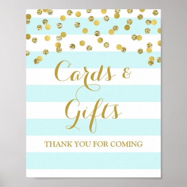 Cards and Gifts Sign Blue Stripes Gold Confetti (Front)